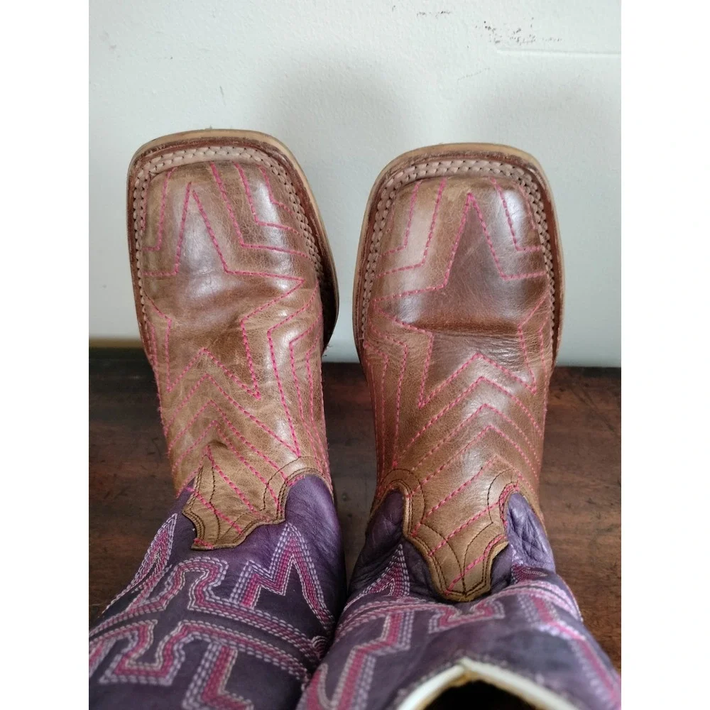 Tin Haul Starlight Cowgirl Boots Youth Kids Size 2 Purple Brown Square Toe USA